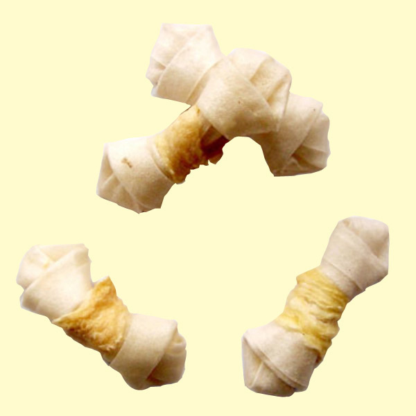Bleached rawhide knotted bone wrap chicken